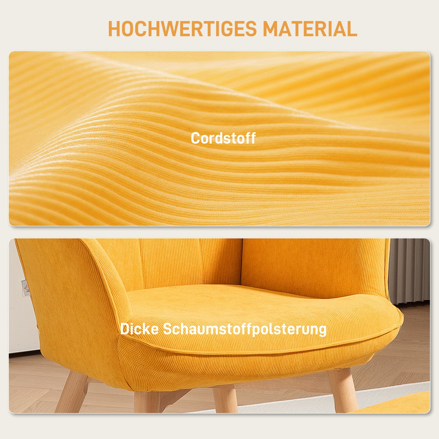 HOMCOM Akzentsessel mit Hocker, Relaxsessel in Cord-Optik, Armlehnstuhl mit Holzbeinen, für Wohnzimmer, Orange