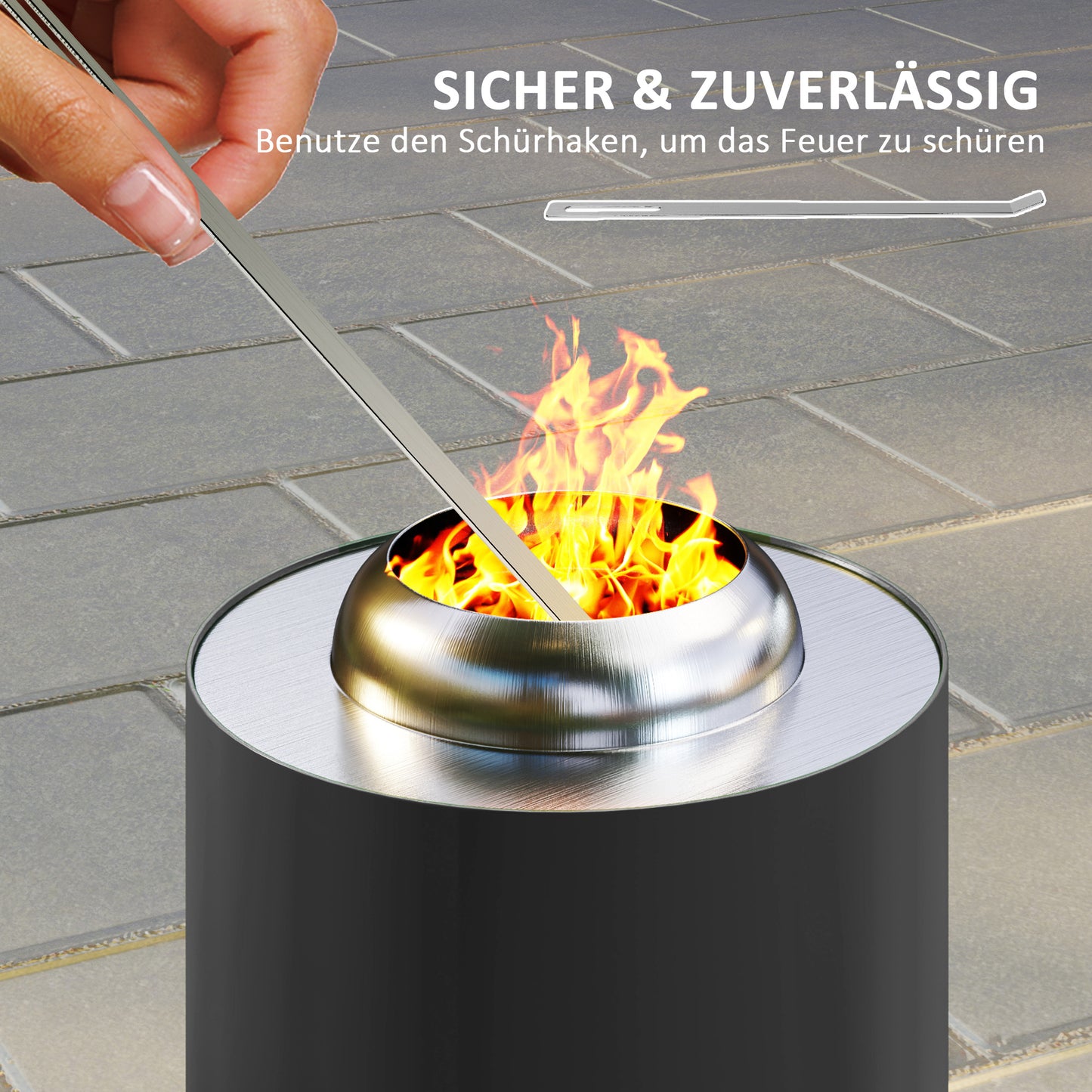 Outsunny Feuerschale Ø16x25cm aus Edelstahl Feuerstelle mit Schürhaken Rauchfreie Feuerschalen Grau