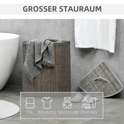 HOMCOM 55 L Wäschekorb mit Deckel, Griff, Wäschesortierer mit herausnehmbarem Wäschesack für Badezimmer, Bambus, Grau