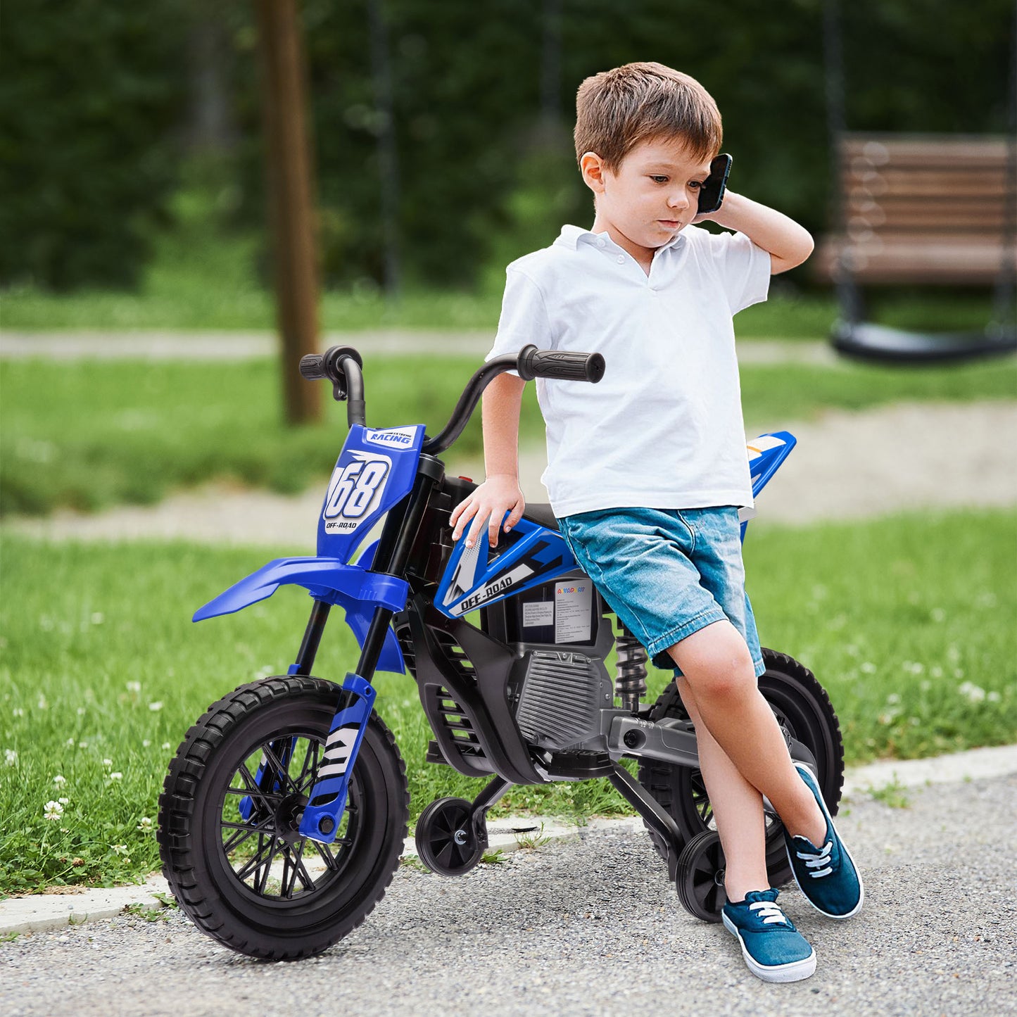 AIYAPLAY Elektro-Motorrad für Kinder, 12V Kindermotorrad mit Musik, Kinderfahrzeug mit Trainingsrädern, 3-6 Jahre, Blau