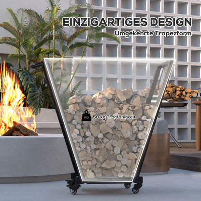 Outsunny Feuerholzgestell, trapezförmiges Design, pulverbeschichteter Metall, mobil mit Rollen, 79 x 30 x 81 cm, Schwarz