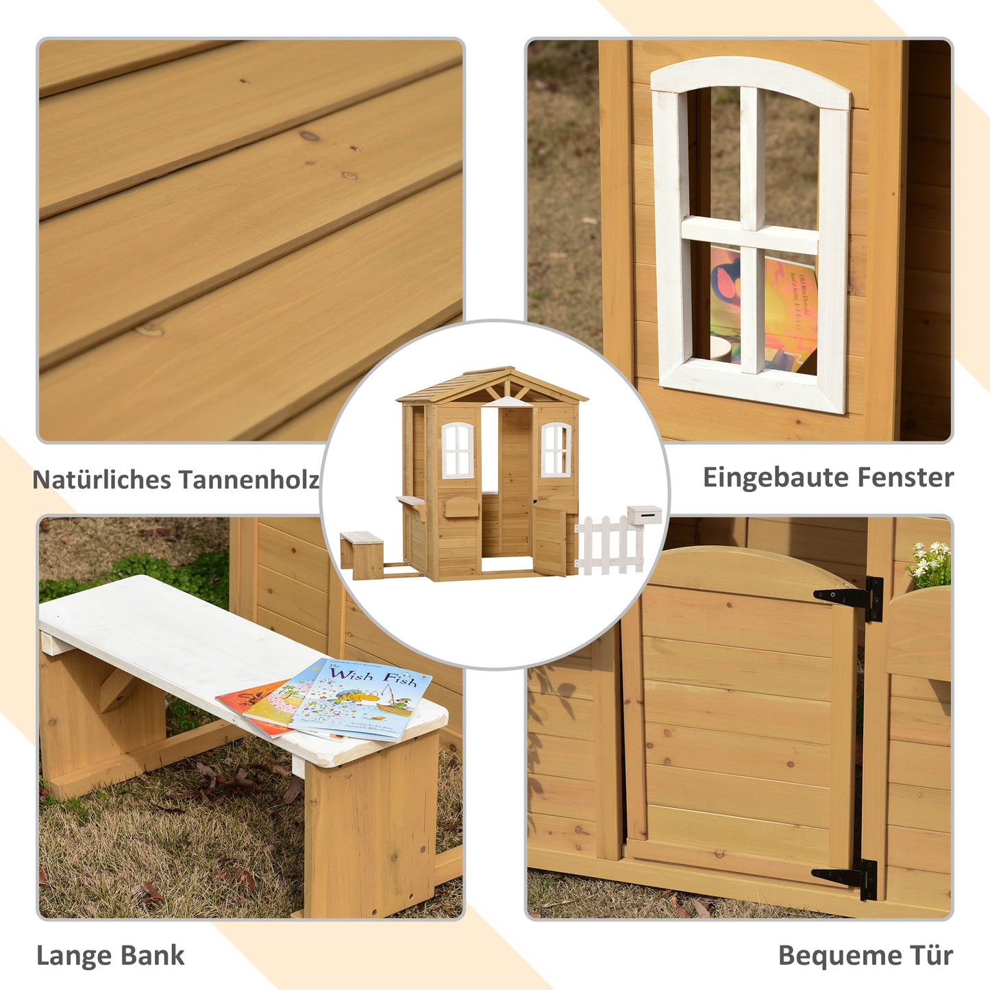 Outsunny Kinderspielhaus aus Holz Spielhaus Outdoor mit Tür, Fenster und Pflanzkasten Briefkasten Bank für Kinder 3-6 Jahre