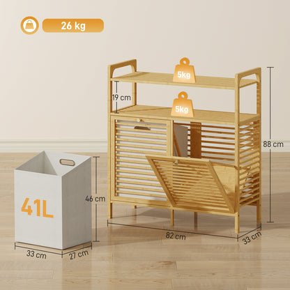 HOMCOM Wäscheregal mit 2 Wäschekörben, freistehendes Bambusregal für Badezimmer, Waschküche, Naturholz+Cremeweiß