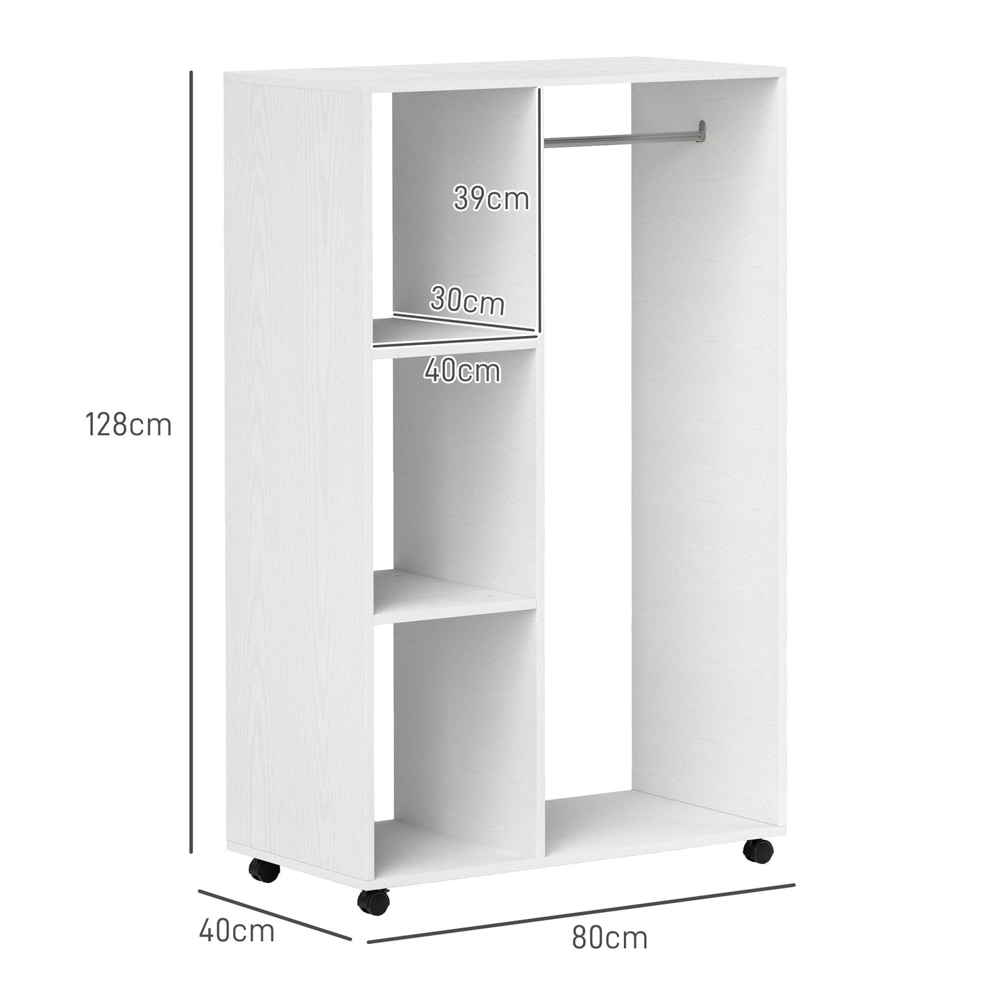 HOMCOM Kleiderschrank auf Rollen, mobile Garderobe, Garderobenschrank, Rollbarer Kleiderständer, 80 x 40 x 128 cm, Weiß
