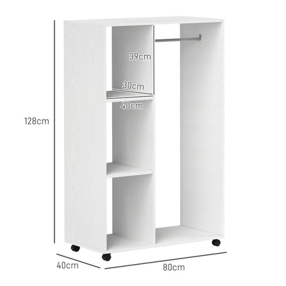 HOMCOM Kleiderschrank auf Rollen, mobile Garderobe, Garderobenschrank, Rollbarer Kleiderständer, 80 x 40 x 128 cm, Weiß