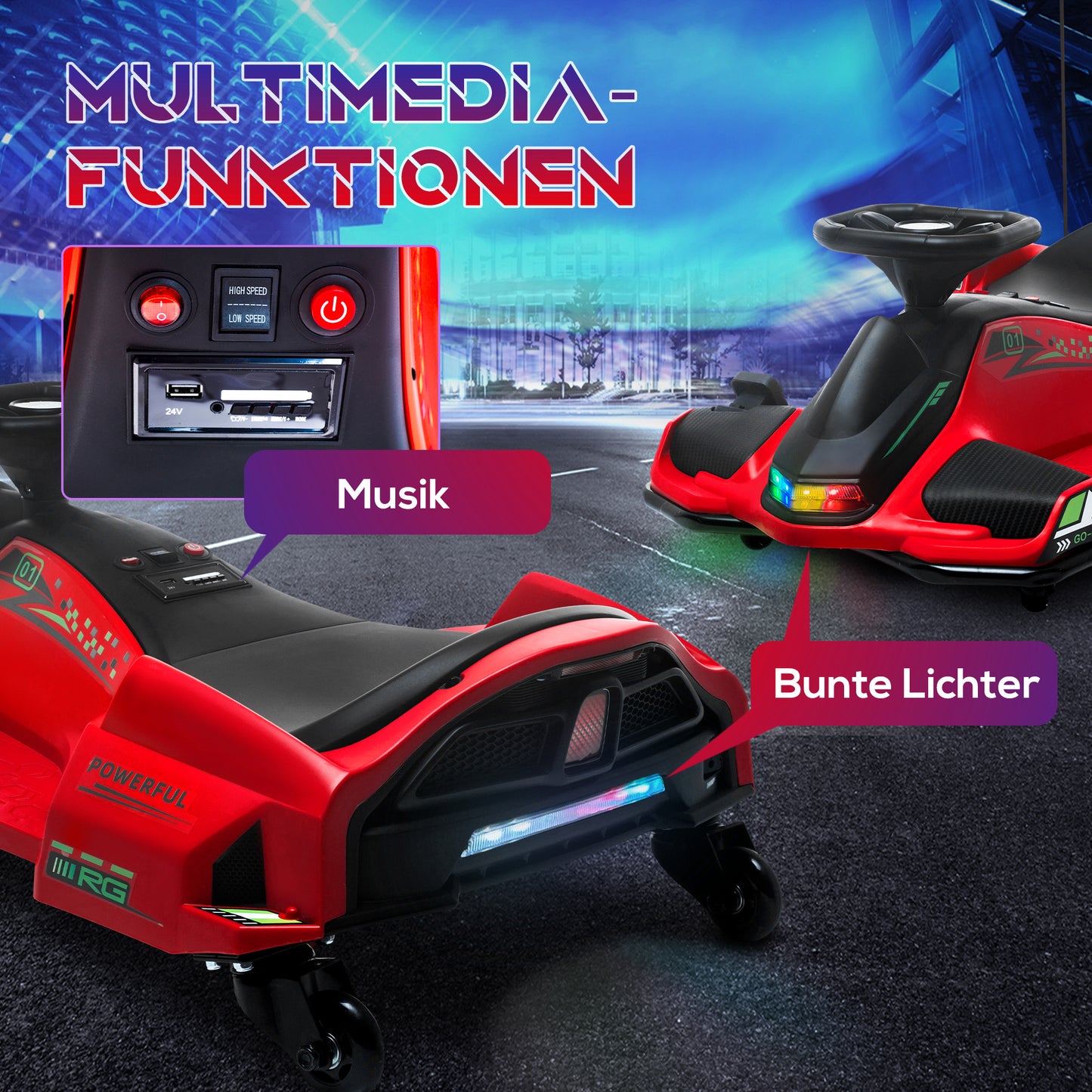 HOMCOM Elektrisches Go-Kart für Kinder, Gummiräder, 3-8 km/h, mit Lichtern und Musikfunktion, Rot