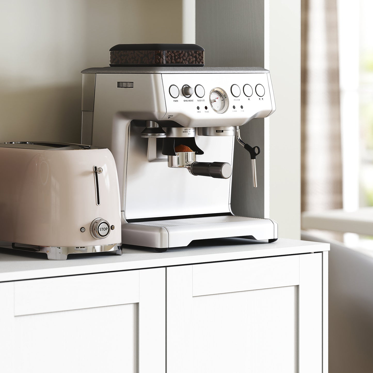 HOMCOM Küchenschrank, Skandinavisches Design, 4 Schränke, verstellbare Regale, Glastüren, offene Fläche, Spanplatte, MDF, Weiß