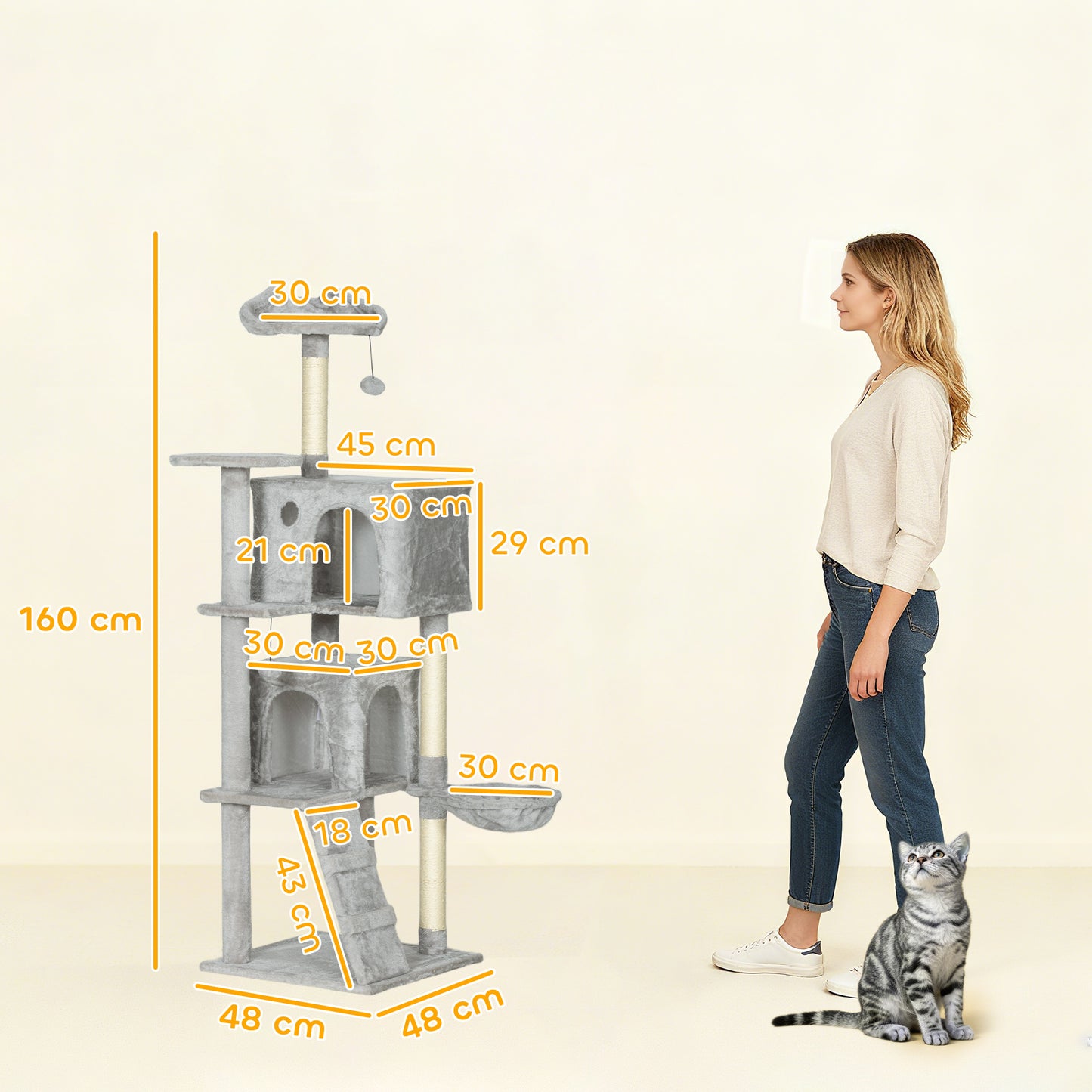 PawHut 160 cm Katzenkratzbaum, mehrere Ebenen, Sisal-Kratzpfosten, Höhlen, Plüsch-Plattformen, Hängematte, Leiter, Spielbälle