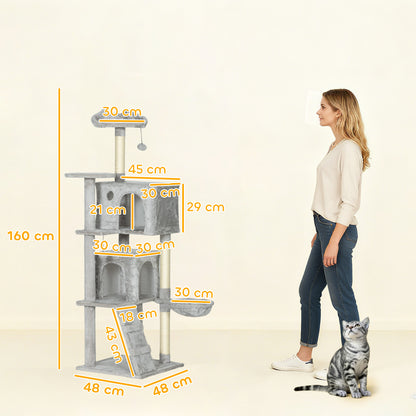 PawHut 160 cm Katzenkratzbaum, mehrere Ebenen, Sisal-Kratzpfosten, Höhlen, Plüsch-Plattformen, Hängematte, Leiter, Spielbälle