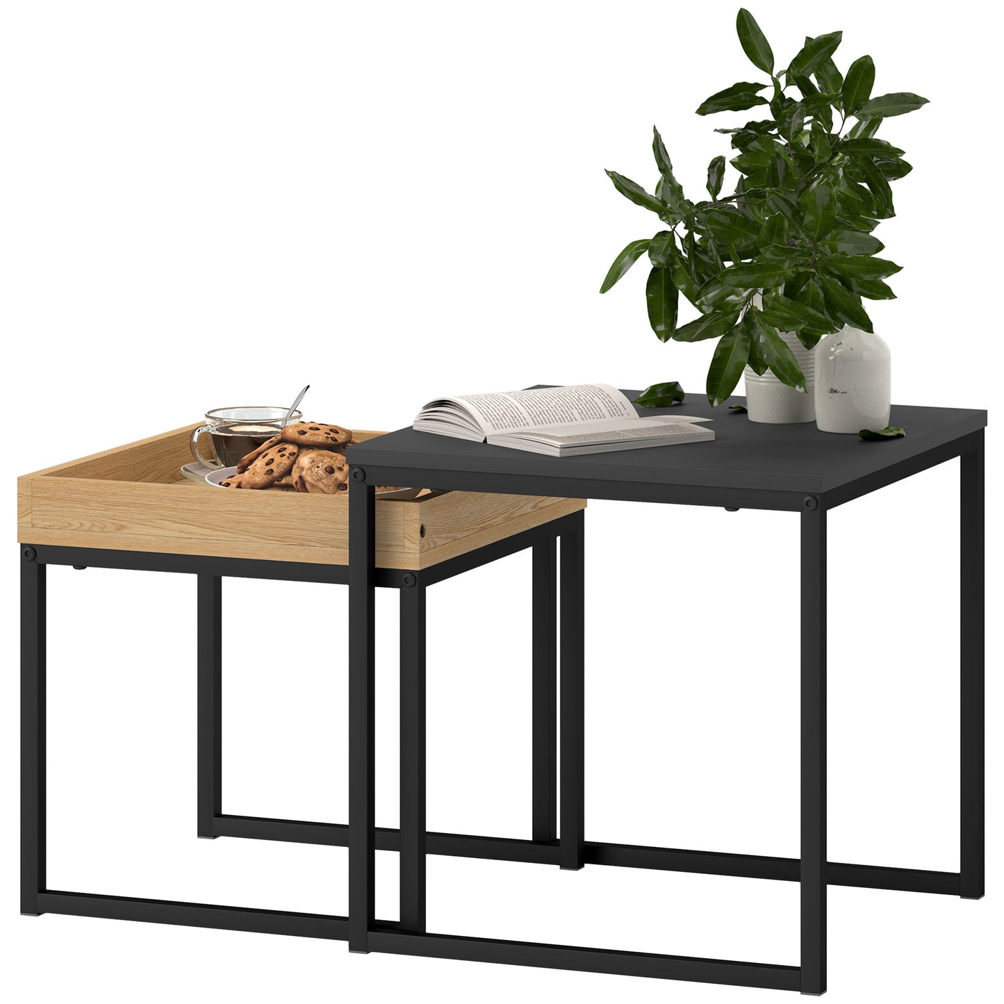 HOMCOM Moderner Couchtisch, 2er-Set Sofatisch, für kleine Räume, Quadratisch, MDF, Metall, Schwarz