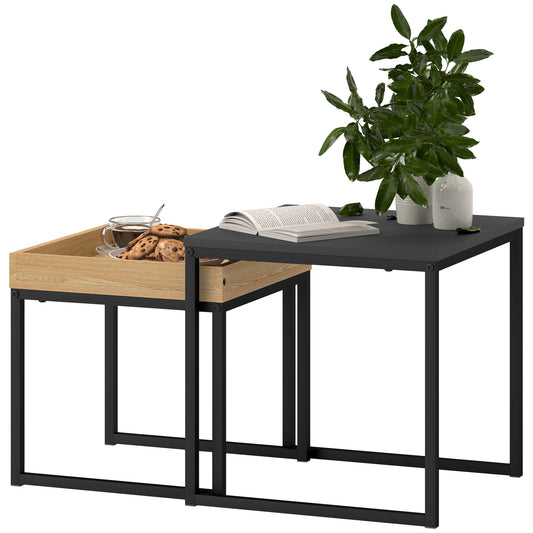 HOMCOM Moderner Couchtisch, 2er-Set Sofatisch, für kleine Räume, Quadratisch, MDF, Metall, Schwarz