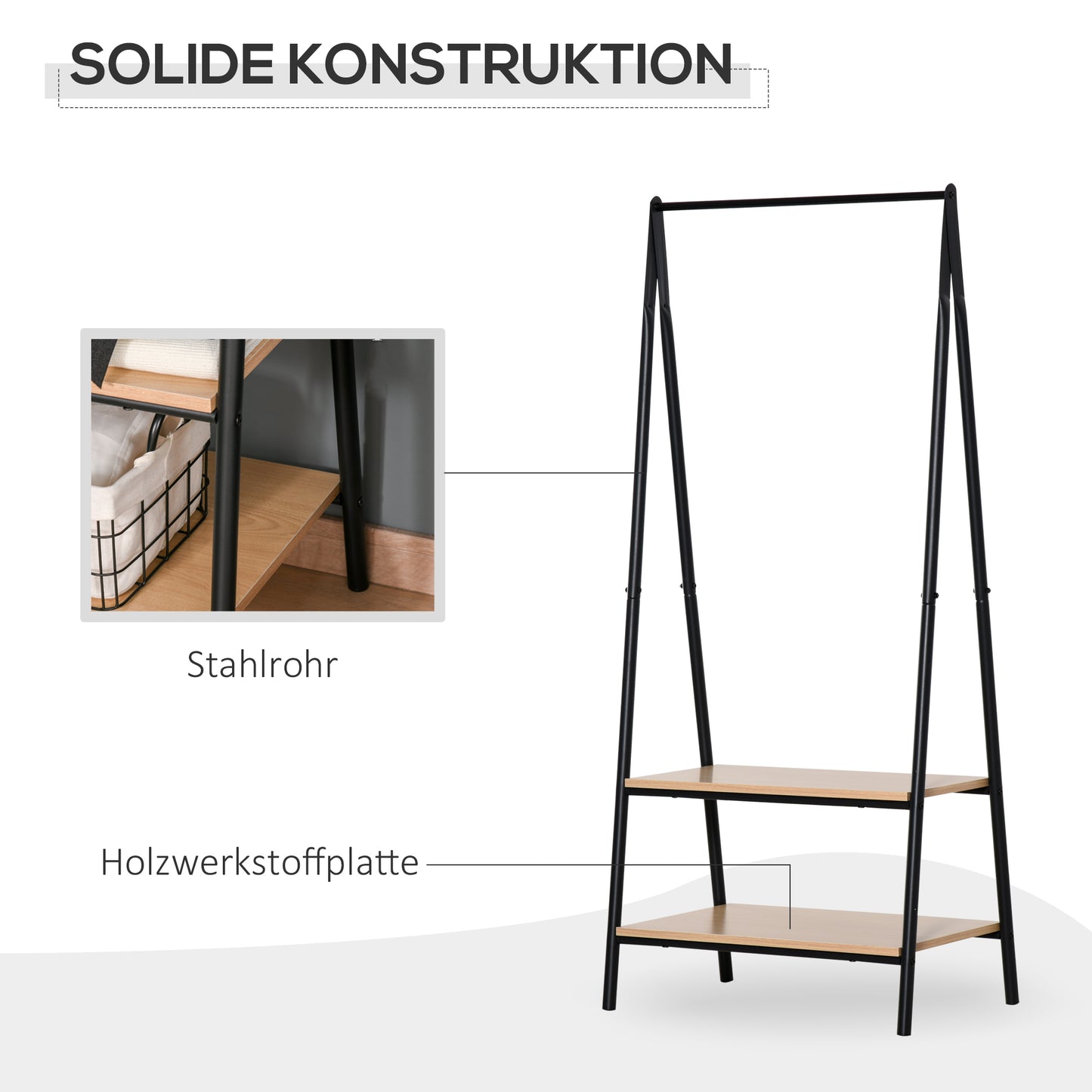HOMCOM Gaderobenständer Kleiderständer Kleiderstange mit Schuhablage Wäscheständer Metall + Holz Schwarz + Natur 64 x 42,5 x 149 cm