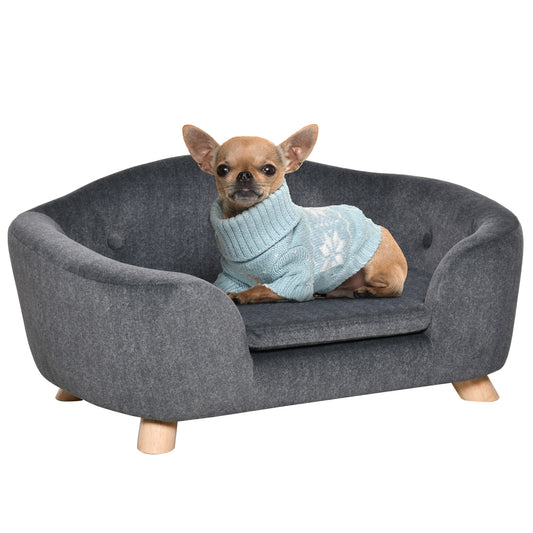 PawHut Haustiersoffa Hundematte Hundebett Hundesofa Hundecouch Katzen Sofa mit Kissen Rückentasche Plüsch Schaumstoff Kiefernholz Dunkelgrau 70 x 47 x 30 cm