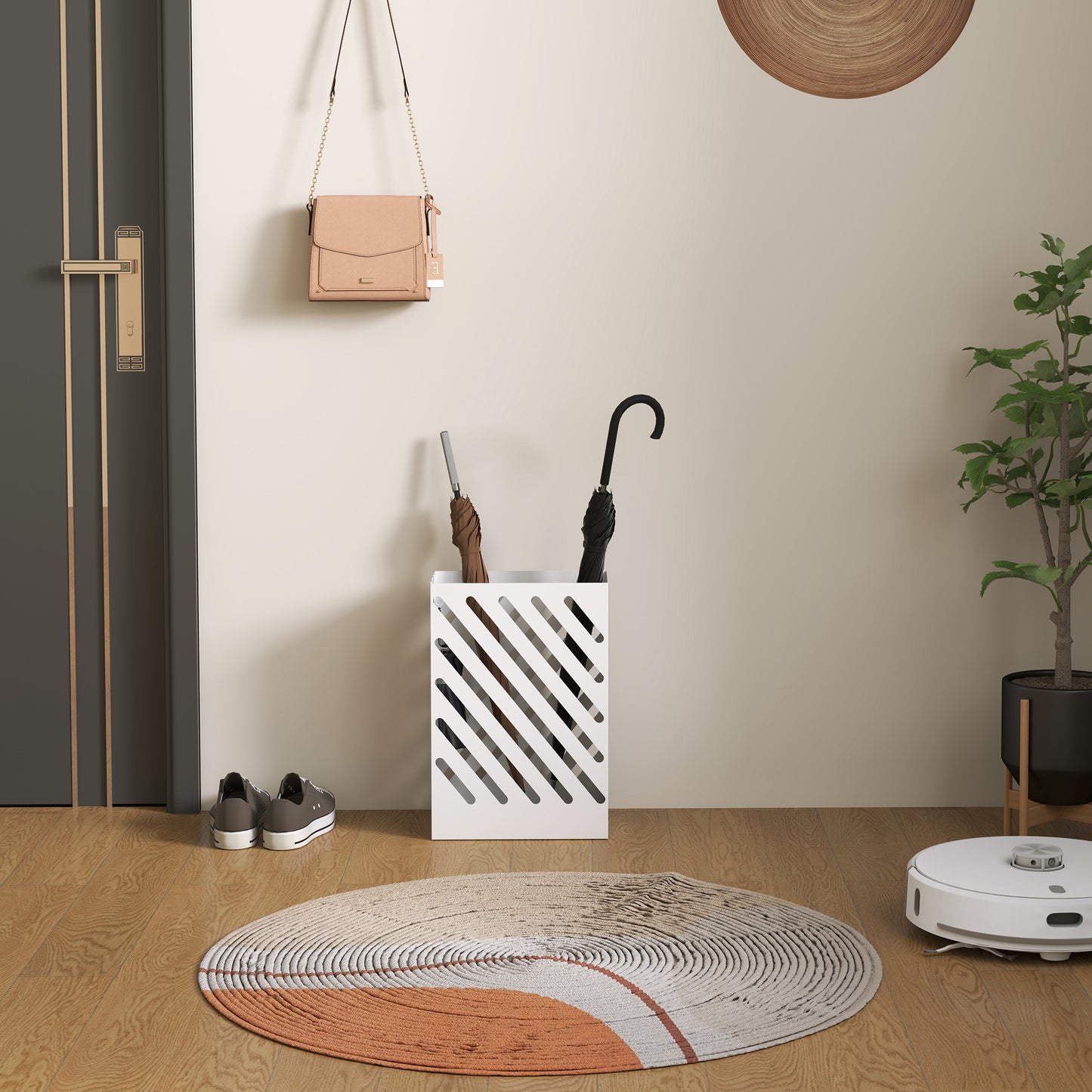 HOMCOM Regenschirmständer mit Tropfschale, 4 Haken, Stahl, 28L x 14B x 41H cm, Weiß