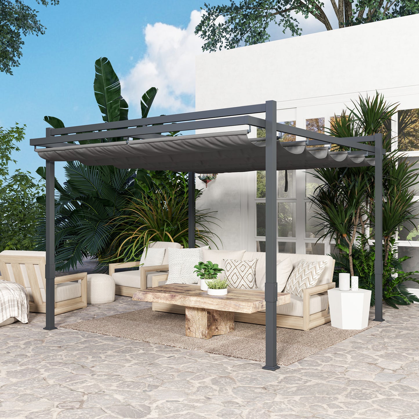 Outsunny Pergola Pavillon ca. 3,5x3m Aluminium Stabil winterfest Sonnenschutz mit verstellbares Schiebedach Grau