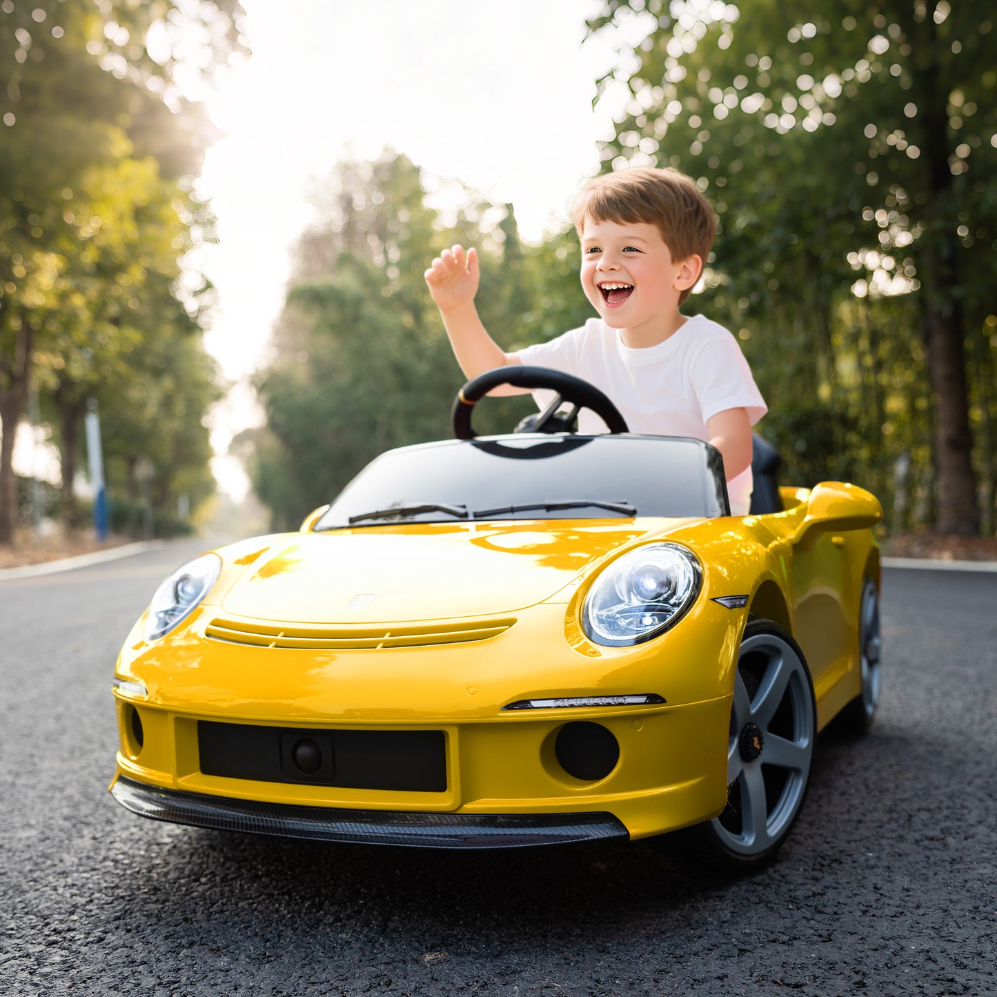 AIYAPLAY Elektrisches Aufsitzauto für Kinder, fernsteuerbar, Musik, Hupe, USB, Sicherheitsgurt, für 3-5 Jahre, Gelb