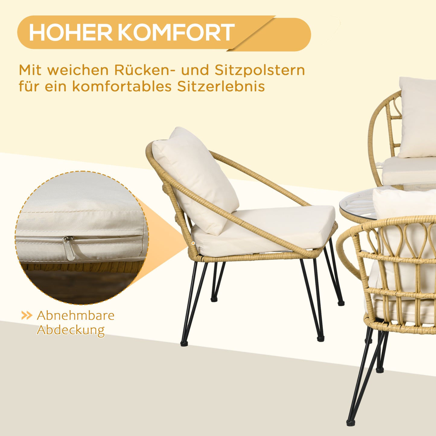 Outsunny 5-teilige Gartensitzgruppe, Boho-Stil, 1 Esstisch & 4 Stühle, Auflagen, Polyrattan, Beige/Natur