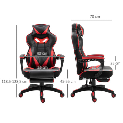 Vinsetto Ergonomischer Bürostuhl, Gaming Stuhl, Drehstuhl mit einziehbare Fußstütze und verstellbarer Rücken Schaumstoff+PU-Leder+Metall, Schwarz+Rot, 65 x 70 x 118,5-128,5 cm