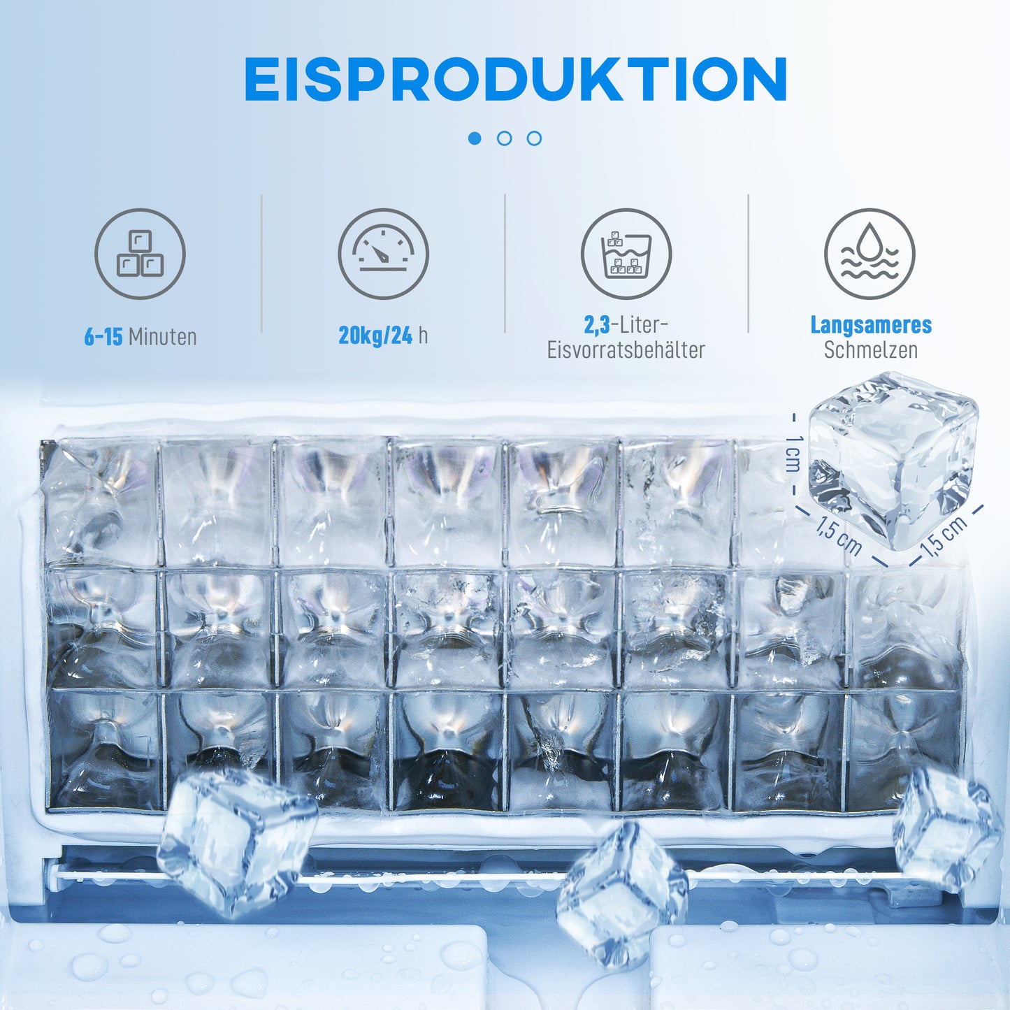 HOMCOM Eiswürfelmaschine, Eiswürfelspender, Ice-Maker, 20 kg/24h Eiswürfelbereiter mit 2,1 L Wassertank, Silber