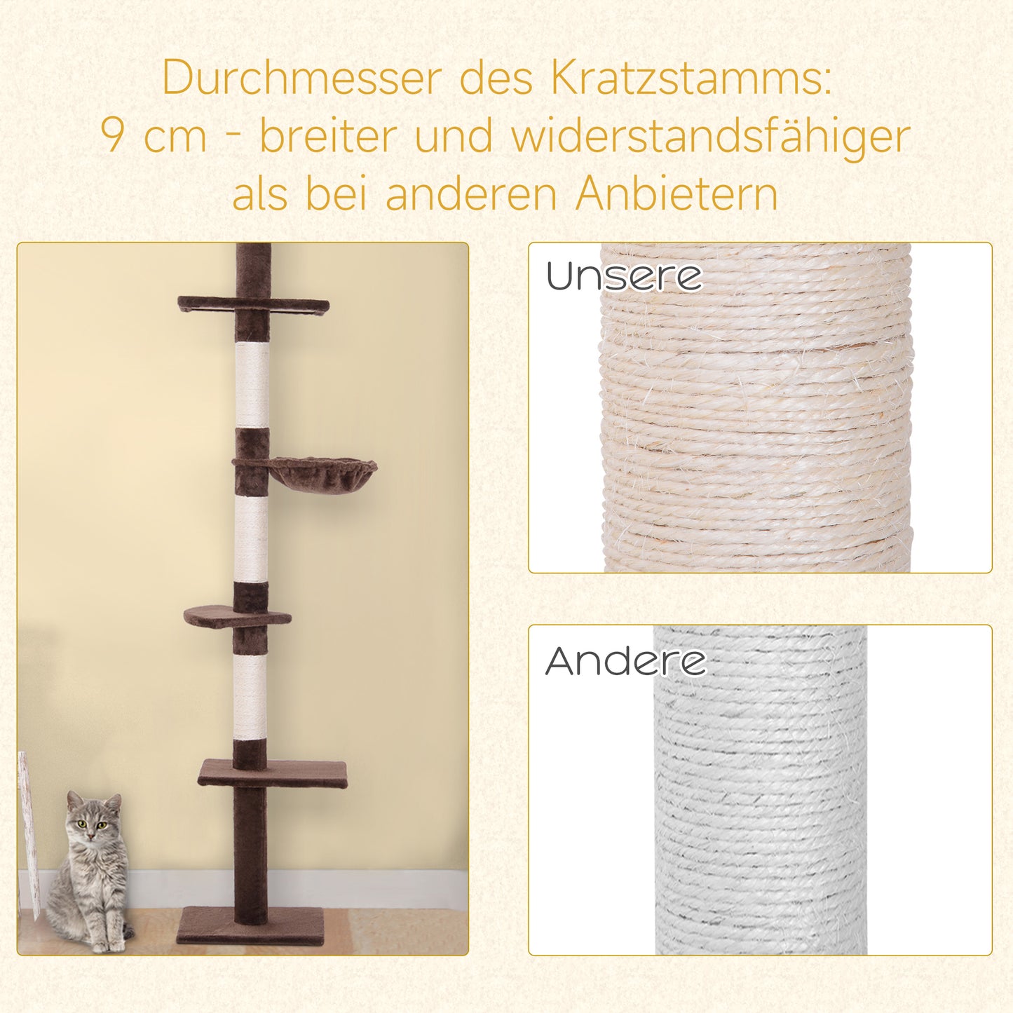 PawHut Kratzbaum Deckenhoch höhenverstellbar, stabiler Katzenbaum mit Sisalsäulen, Katzen Kletterbaum, Braun, 40 x 34 x 230-260 cm