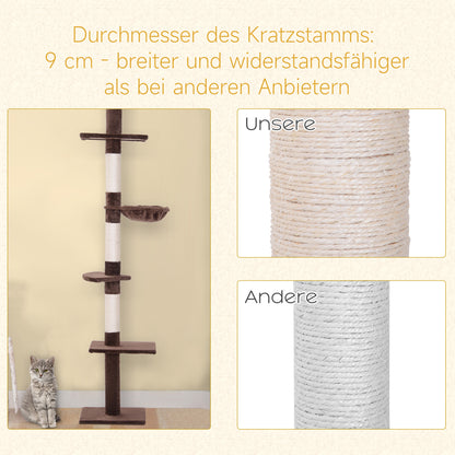 PawHut Kratzbaum Deckenhoch höhenverstellbar, stabiler Katzenbaum mit Sisalsäulen, Katzen Kletterbaum, Braun, 40 x 34 x 230-260 cm