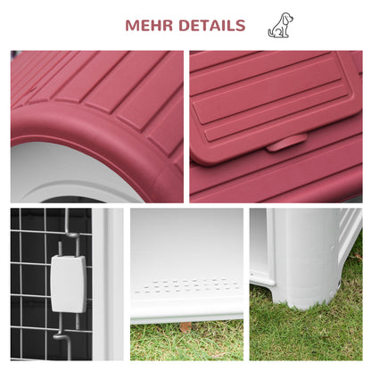 PawHut Hundehütte Outdoor Hundehaus mit Dachluke Tor Unterschlupf für kleine Hunde Kleintierstall Luftzirkulation wasserdicht Metall Kunststoff Rot+Hellgrau 59 x 75 x 66 cm