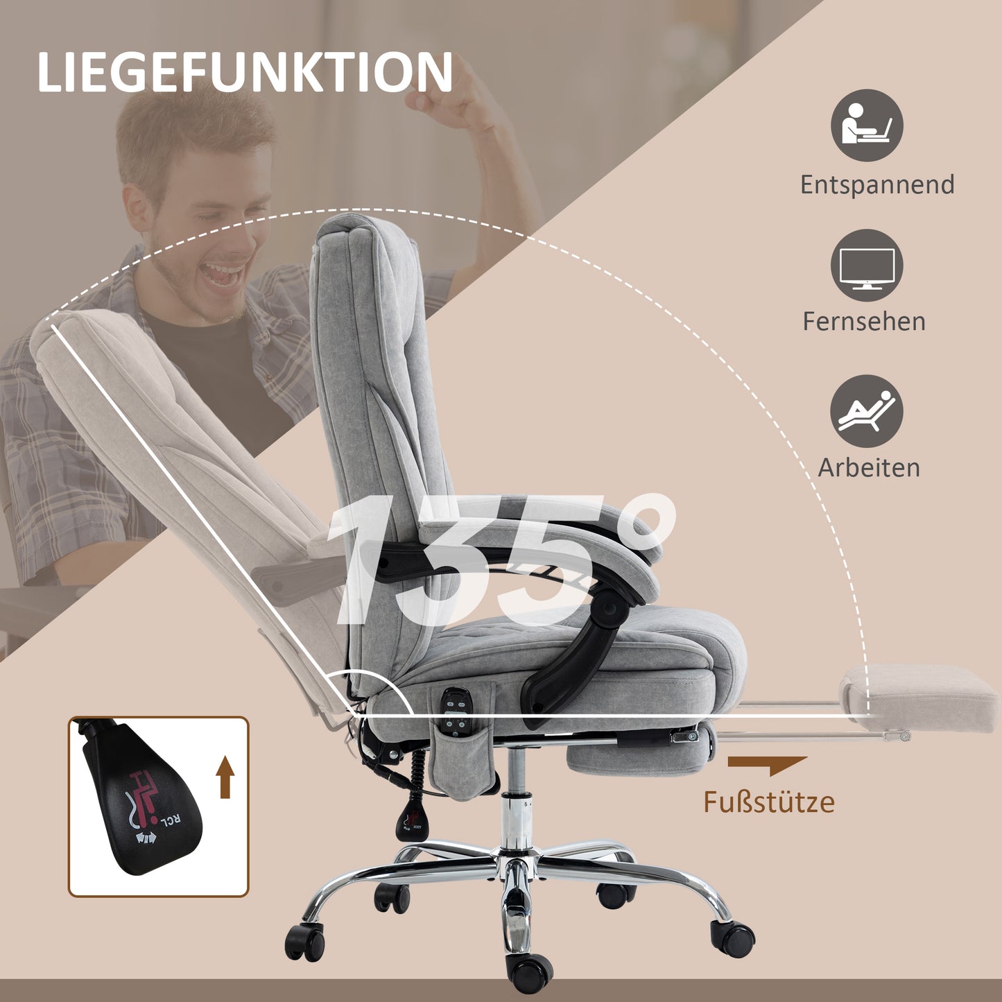 Vinsetto Ergonomischer Bürostuhl mit Massagefunktion, Fußstütze, drehbar, rollbar, Grau