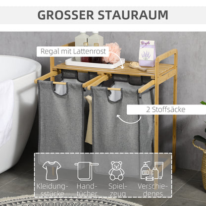 HOMCOM Wäschesammler Wäschekorb, 2 Wäschesäcke, 2 Griffe, Bambus, 63,5 x 33 x 73 cm, Grau + Natur