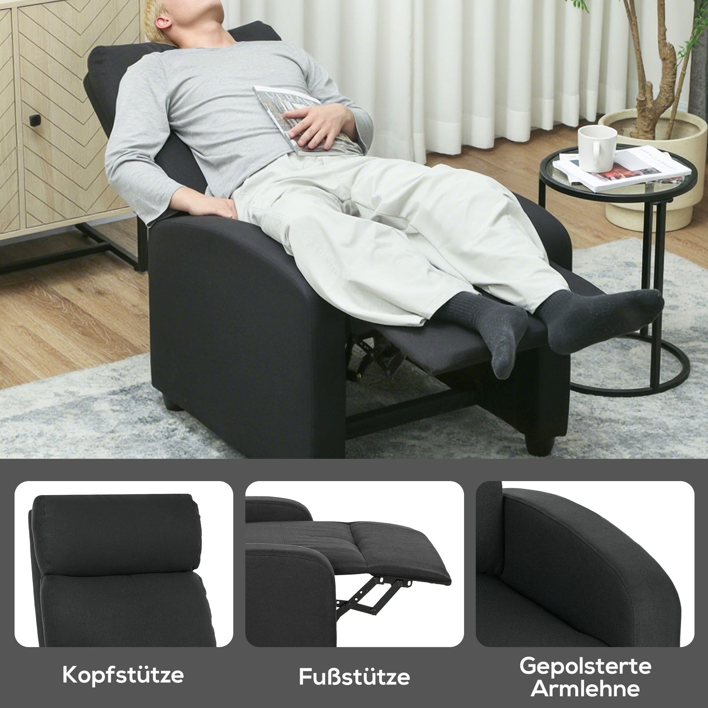 HOMCOM Relaxsessel, verstellbar 135°, ausziehbare Fußstütze, gepolsterte Lehnen, Leinen-Polyester, Schwarz