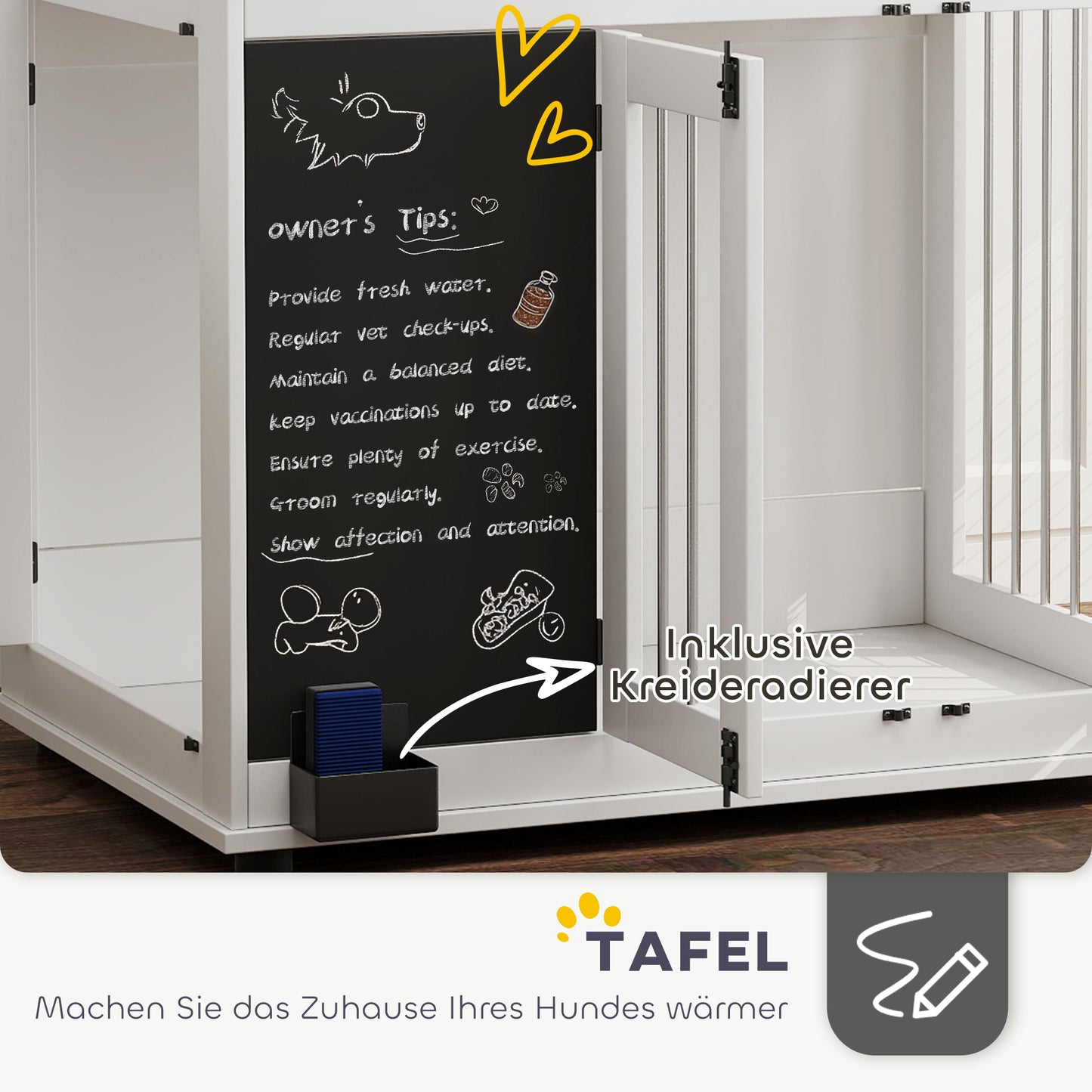 PawHut Hundebox mit Aufbewahrungsregal für Spielzeug, Haken für Leinen, Schreibtafel, Radiergummi, für große Hunde, Weiß