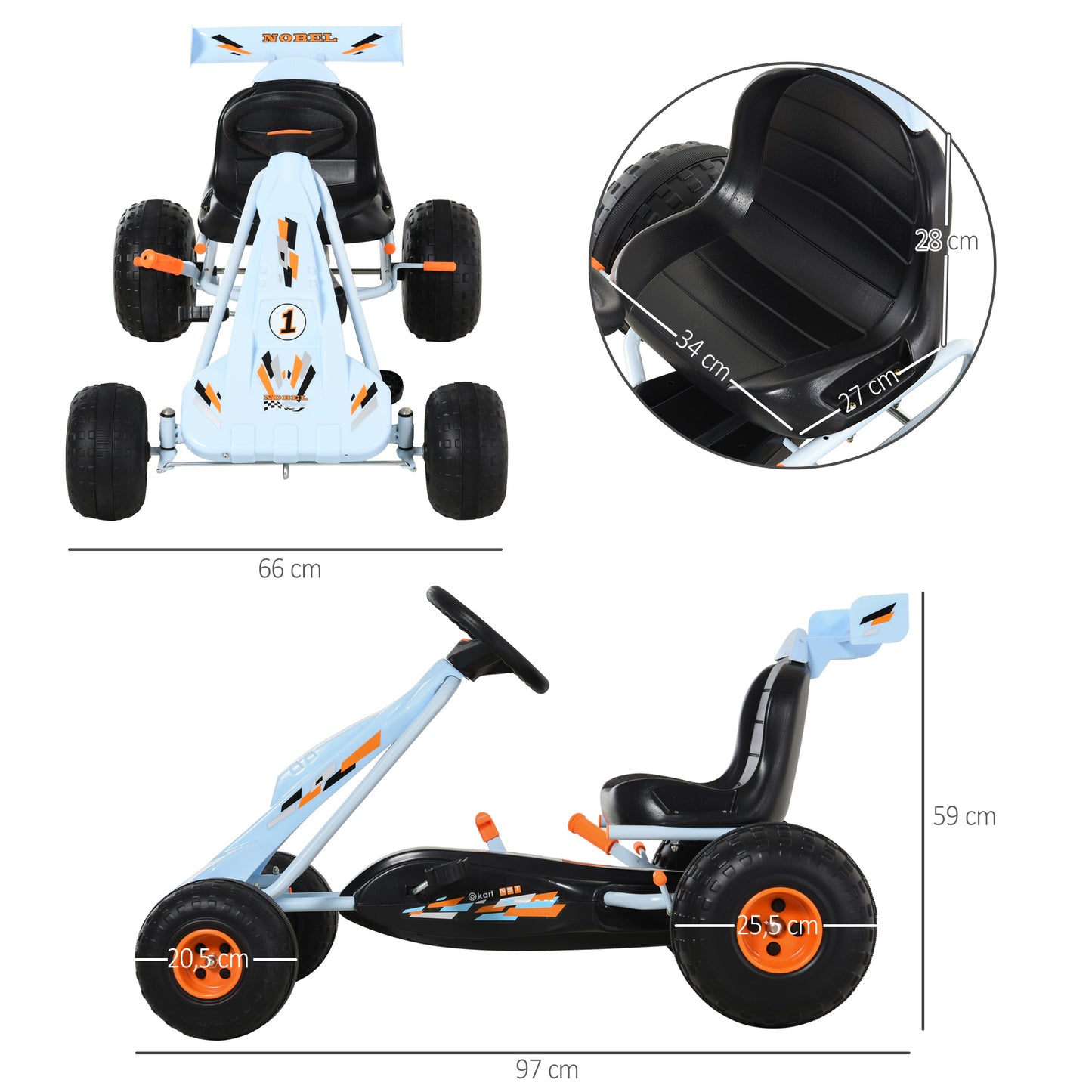 HOMCOM Gokart Tretauto mit Handbremse, verstellbarem Sitz, Pedal, Vor- und Rückwärtsgang, Kettcar Tretfahrzeug Kinderfahrzeug Kinderspielzeug Pedal-Gokart für Kinder ab 3 Jahren Hellblau