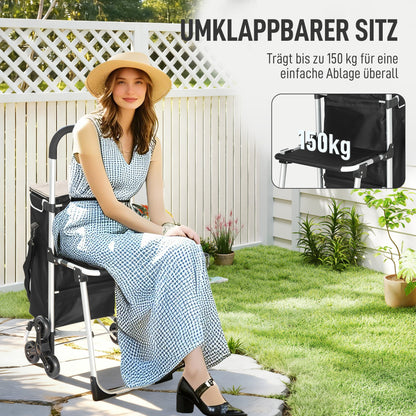 HOMCOM Einkaufstrolley, 40 L Oxford-Tasche, 3-Rad-Design, Aluminiumrahmen, Sitz, Grau