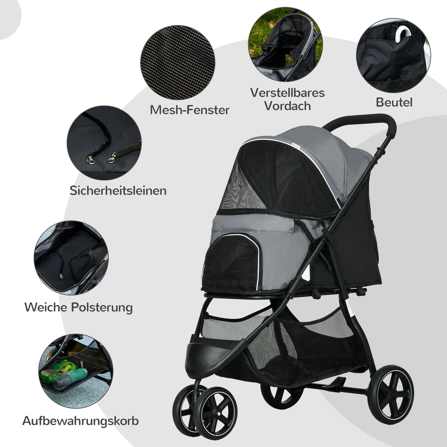 PawHut Hundebuggy Haustierwagen bis 10kg klappbar Regenschutz 2 Sicherheitsleinen 83cm x 55cm x 101cm Grau + Schwarz