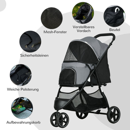 PawHut Hundebuggy Haustierwagen bis 10kg klappbar Regenschutz 2 Sicherheitsleinen 83cm x 55cm x 101cm Grau + Schwarz