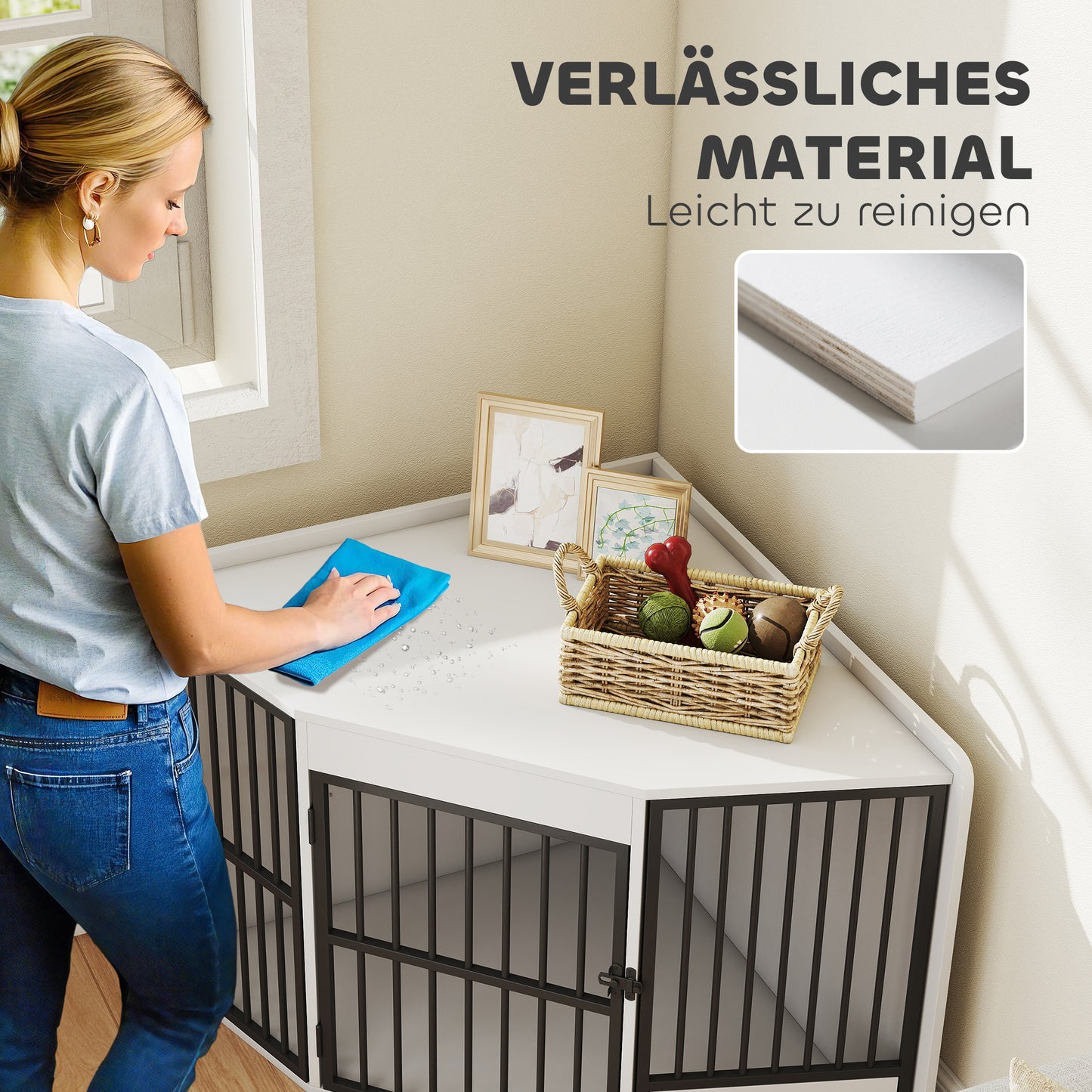 PawHut Hundebox, Aufenthaltsbox för små och mittelgroße Hunde, Haustierbox, Fütterungstür, MDF, Metall, Weiß