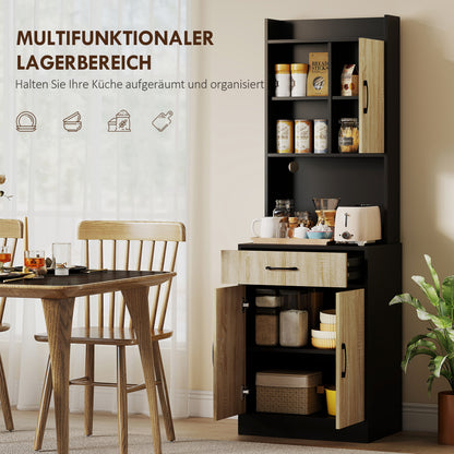 HOMCOM Küchenschrank mit Arbeitsfläche und Kabelloch, moderne Küchenkommode mit Schublade, 3 offene Regale, Naturholz, Schwarz