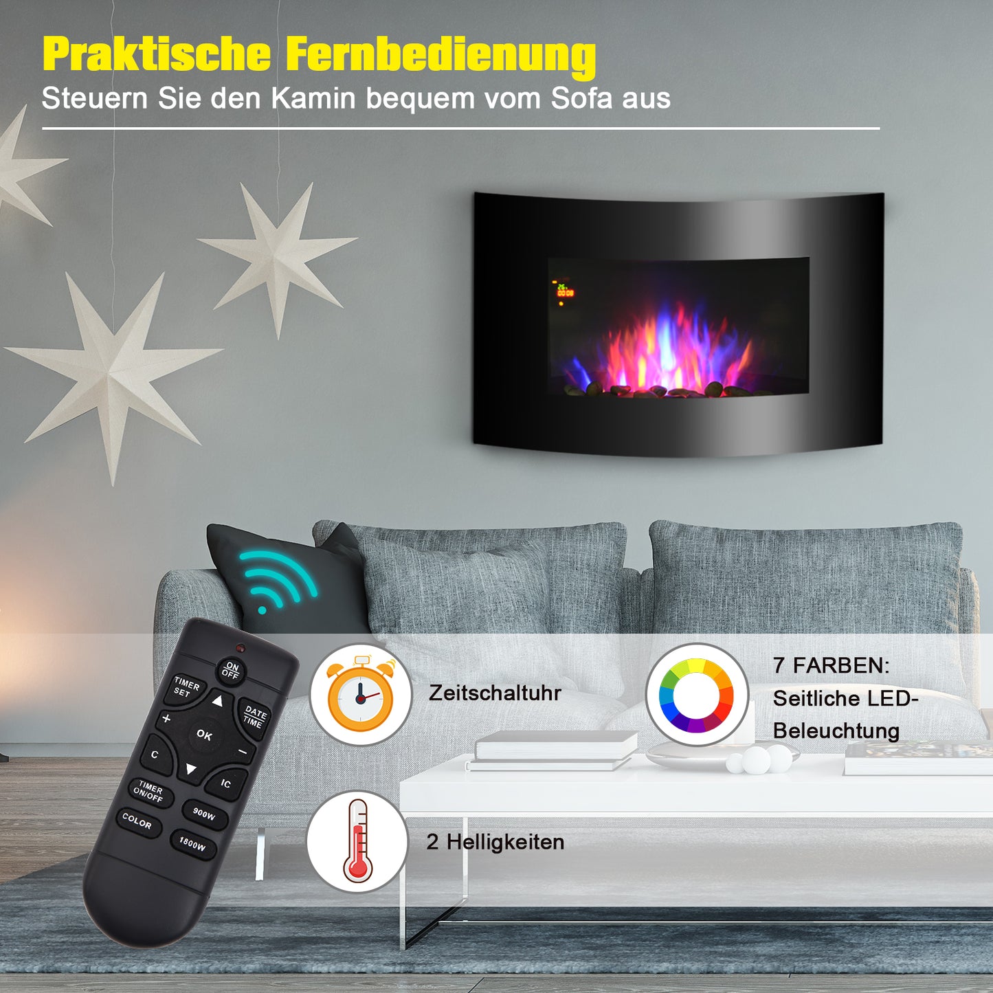 HOMCOM Elektrokamin mit Heizung, elektrischer Kamin mit 3D Flammeneffekt, 7 Flammenfarben, 900/1800 W, Wandkamin mit Timer, Dekokamin mit Fernbedienung, Schwarz, 65 cm