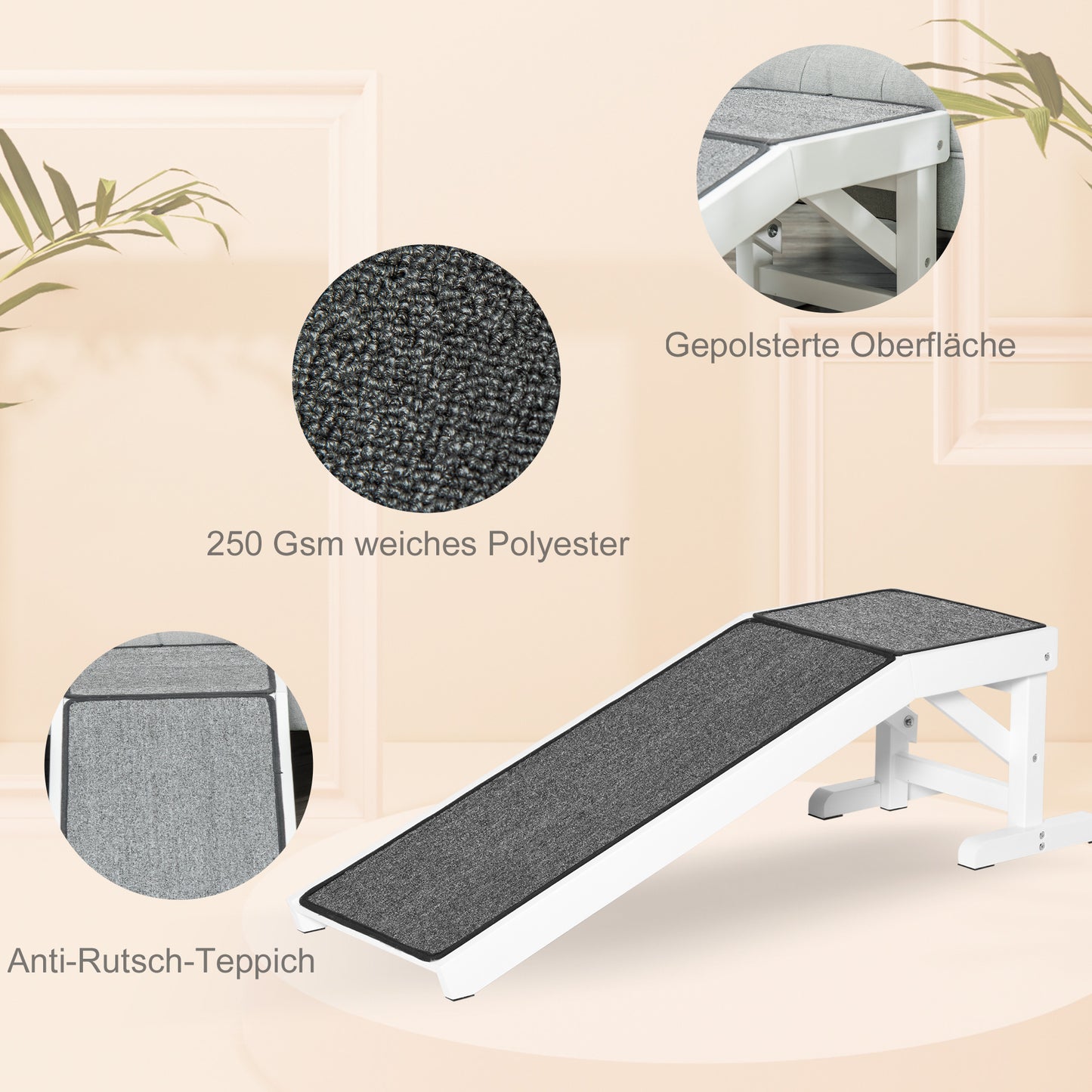 PawHut Haustierrampe mit rutschfestem Teppich 125 x 40 x 35,5 cm Kiefernholz