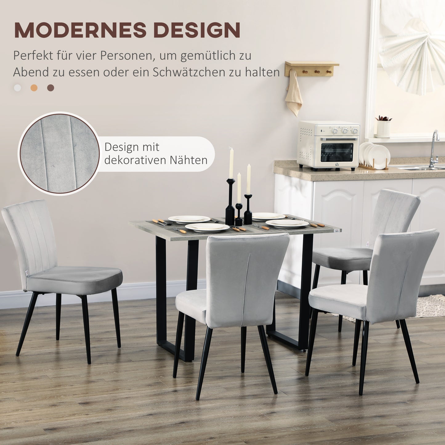 HOMCOM 4er-Set Esszimmerstühle, Akzentstühle für Küchen und Esszimmer, Stuhlset, Velours-Optik, Hellgrau+ Schwarz