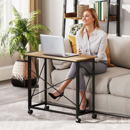 HOMCOM Klappbarer Schreibtisch mit Rädern, platzsparend, Stahl, MDF, Eiche