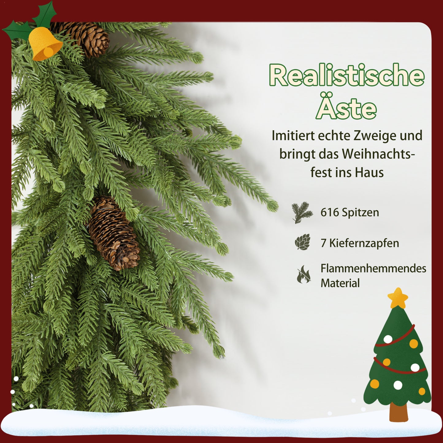 HOMCOM Weihnachtskranz mit Zapfen, Türkranz Künstlicher Weihnachtskranz für Tür Grün, Ø60 x 15 cm