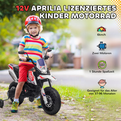 AIYAPLAY 12V Kinder-Motorrad mit Stützrädern, LED-Lichtern, Musik, USB, Elektro-Motorrad für Jungen und Mädchen, Weiß
