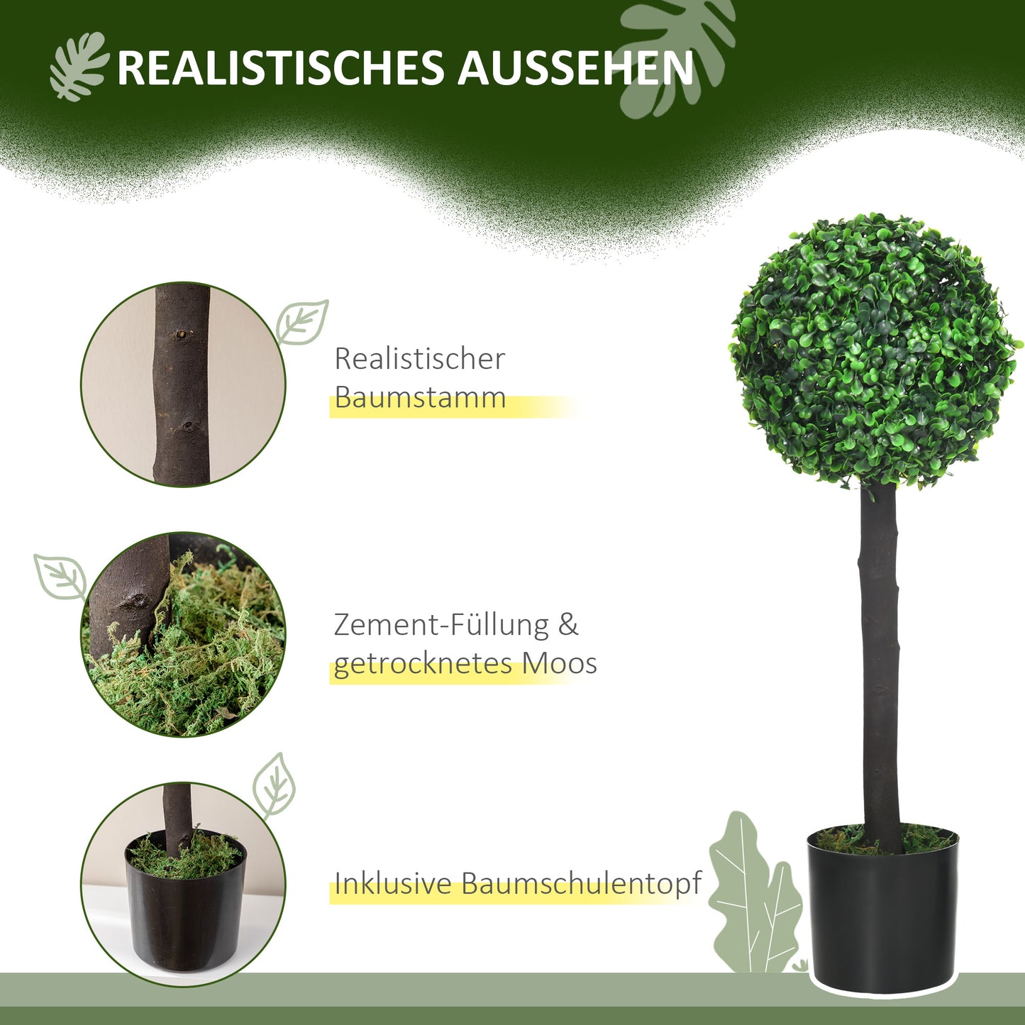 HOMCOM 2er-Set Künstlicher Buchsbaum, 2 Buchsbäume, Outdoor, 20 cm x 20 cm x 60 cm, Grün + Braun+ Schwarz