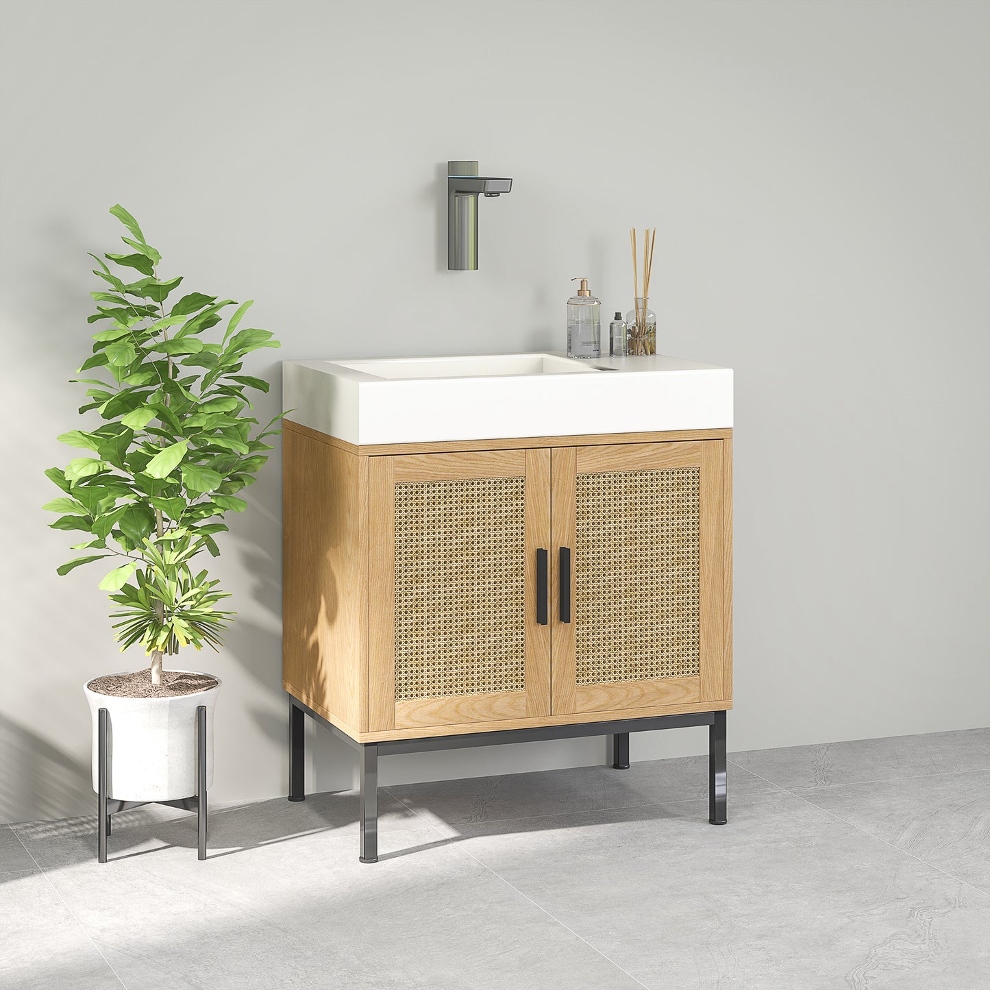 kleankin Badezimmerunterschrank, im Boho-Design, Badezimmerschrank, Rattan-Elemente, mit U-Ausschnitt, Eiche