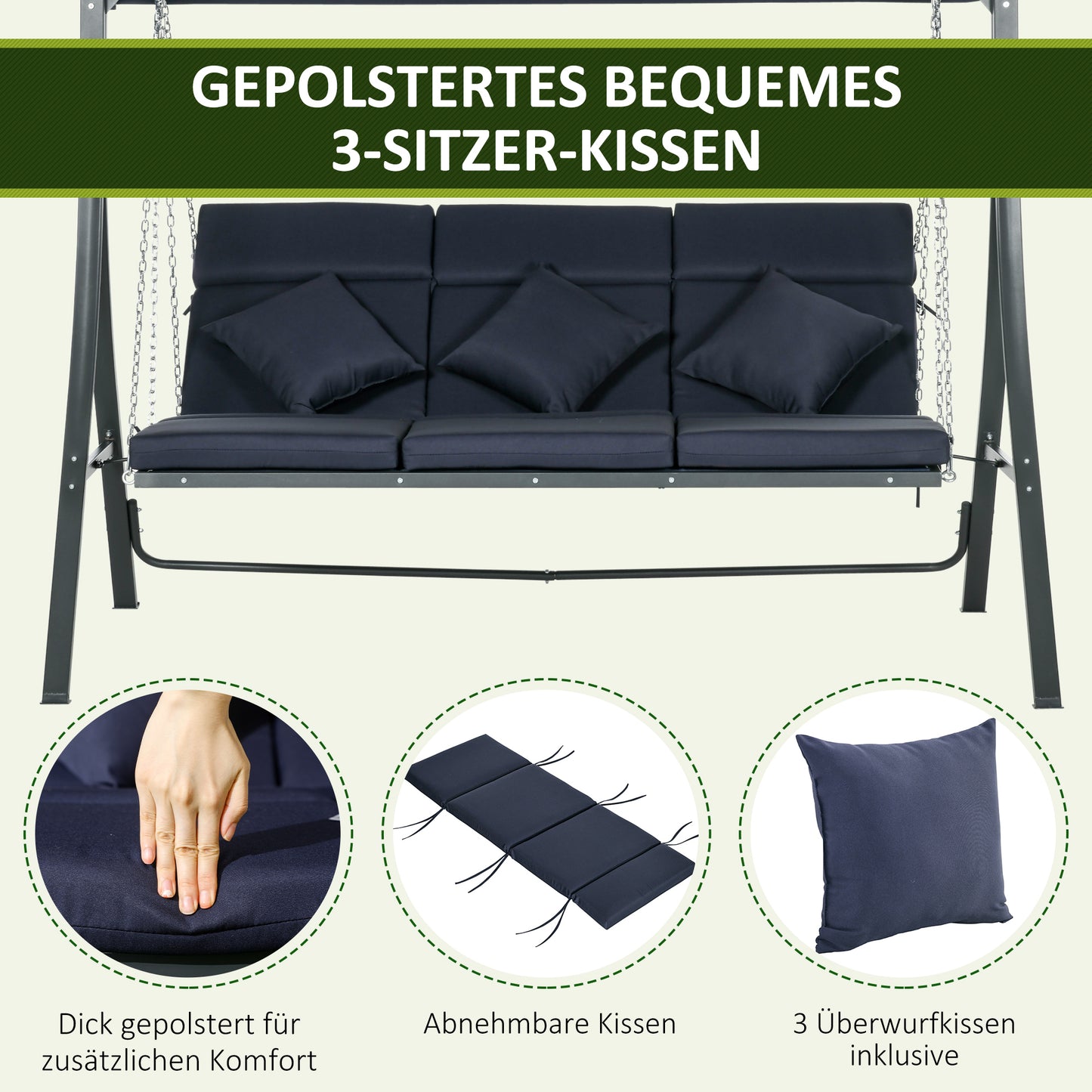 Outsunny Hollywoodschaukel Gartenschaukel, 3 Personen, verstellbares Sonnendach, 198 x 118 x 168 cm, Dunkelgrau