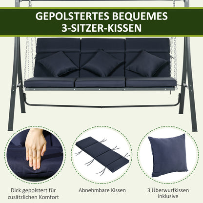 Outsunny Hollywoodschaukel Gartenschaukel, 3 Personen, verstellbares Sonnendach, 198 x 118 x 168 cm, Dunkelgrau