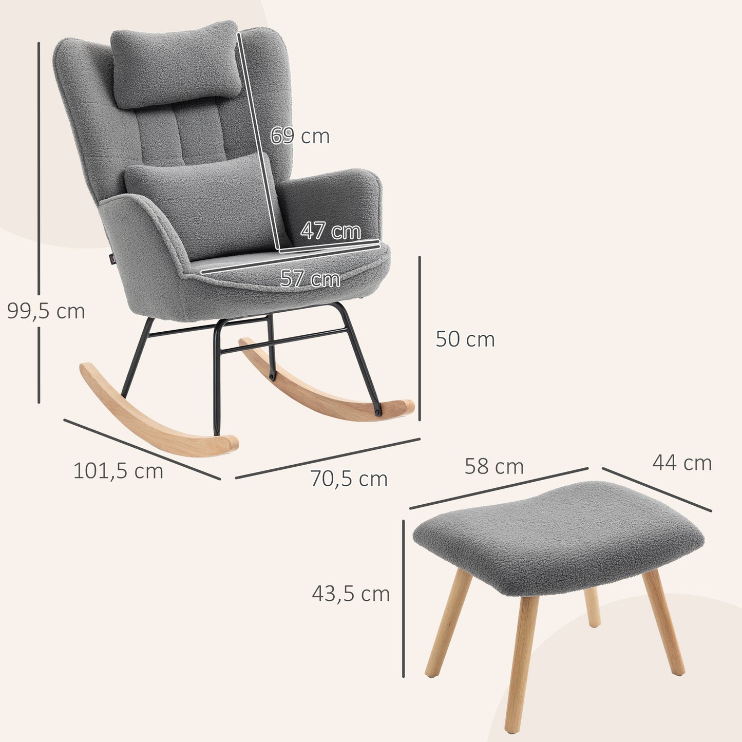 HOMCOM Schaukelstuhl mit Fußhocker, weicher Fleece-Bezug, Holzbeine, Kissen, hohe Rückenlehne, Schaukelsessel, Dunkelgrau
