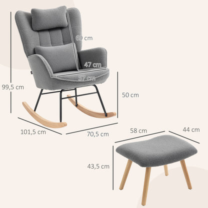 HOMCOM Schaukelstuhl mit Fußhocker, weicher Fleece-Bezug, Holzbeine, Kissen, hohe Rückenlehne, Schaukelsessel, Dunkelgrau