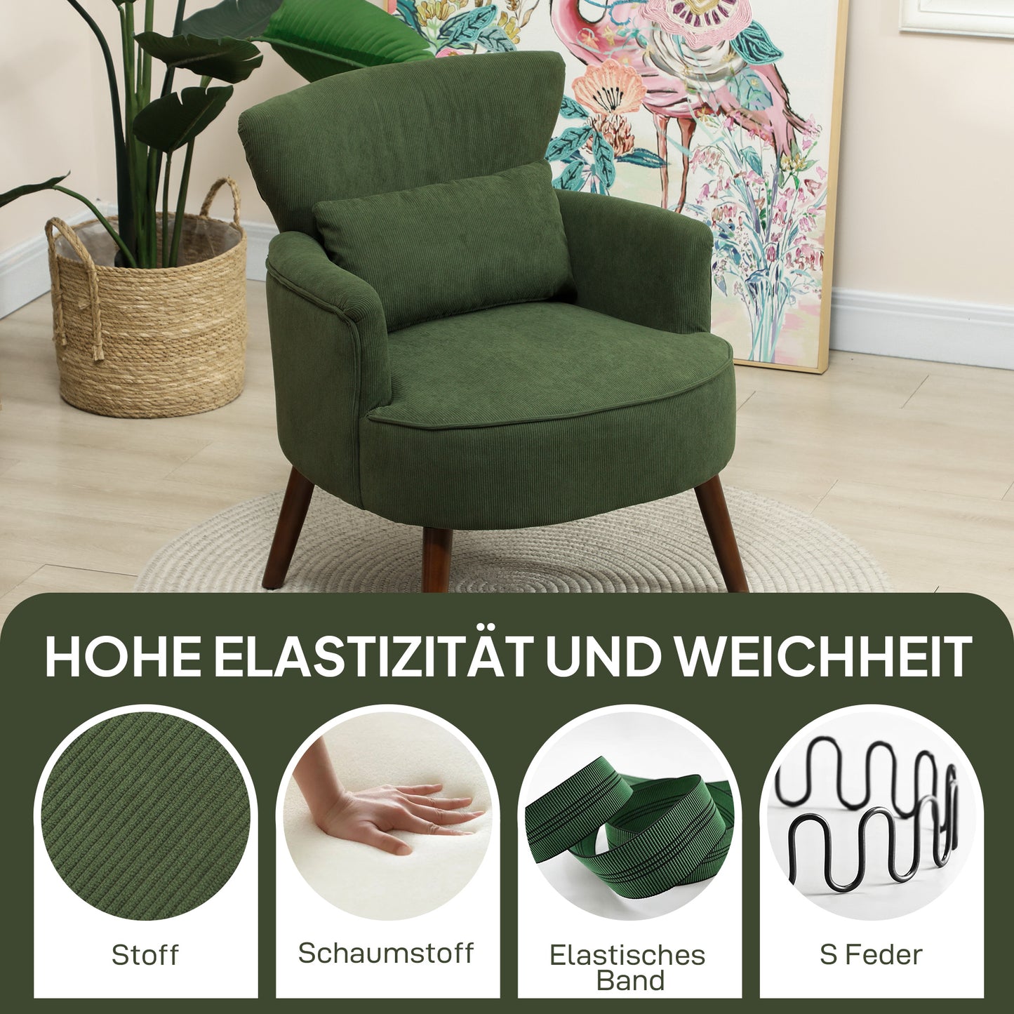 HOMCOM Moderner Armlehnstuhl, Gepolsterter Akzentstuhl mit Lendenkissen, Grün