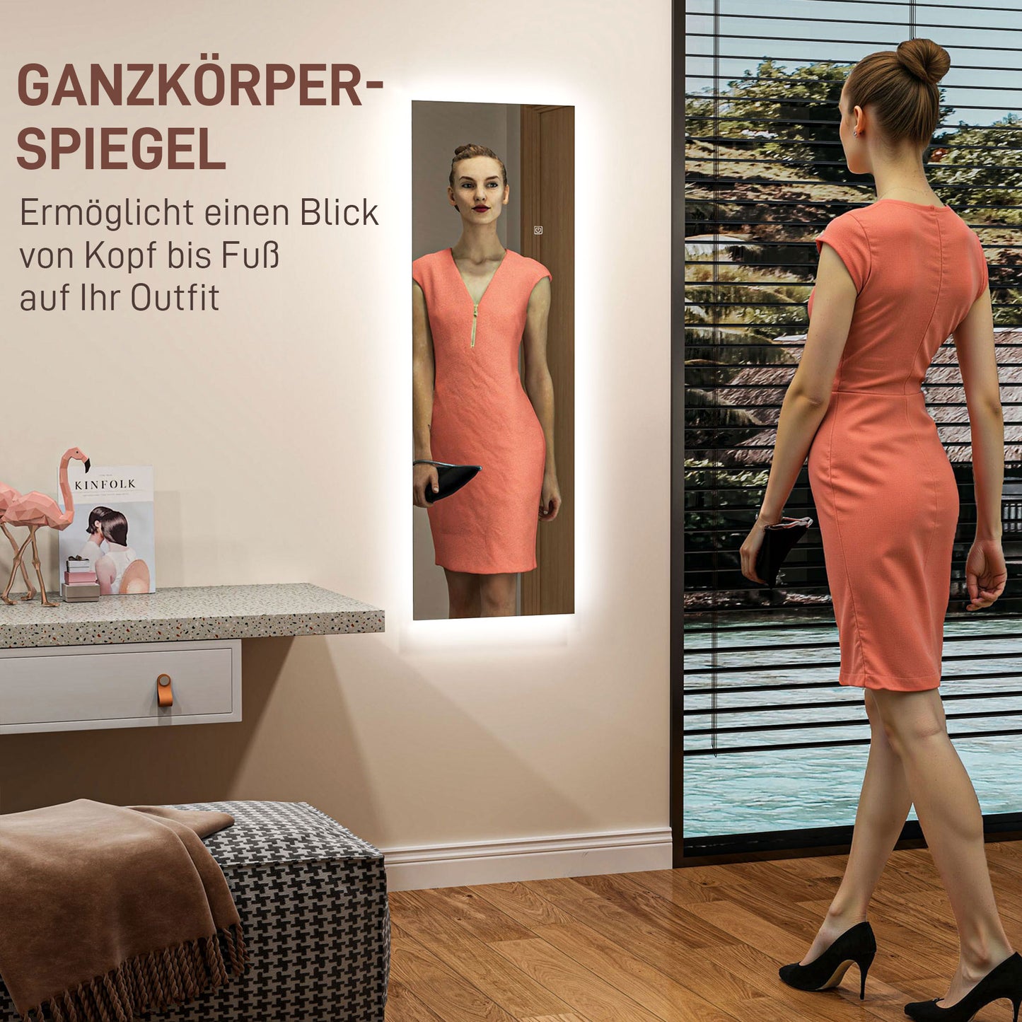 HOMCOM LED Ganzkörperspiegel, dimmbar, rahmenlos, Touch-Steuerung, 40 x 120 cm